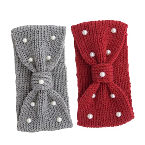 TEMPNAP 2 Stück Stirnband Damen Winter mit Perlen und Schleife Warmes Elastisches Ohrwärmer Design Modisches Vintage Haarband für Halloween und Alltag Einfarbig Dehnbar von TEMPNAP