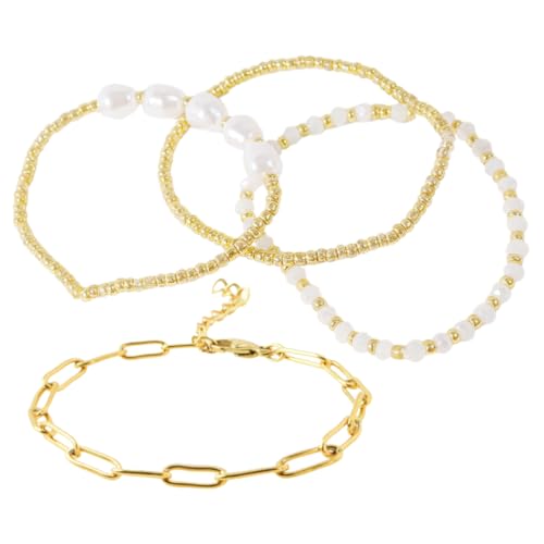 TEMPNAP 4stücke Teiliges Armband-set Damen Vergoldete Paperclip Armkette Elegante Stapelbare Perlenarmbänder Trendiger Modeschmuck Für Verschiedene Anlässe von TEMPNAP