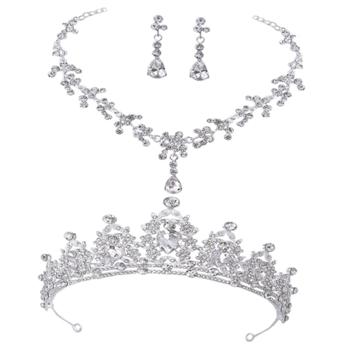 TEMPNAP Brautschmuck Silber Hochzeit Schmuckset Damen Tiara Halskette Ohrringe Elegantes Accessoire für Braut Festliche Anlässe Geburtstag Party von TEMPNAP