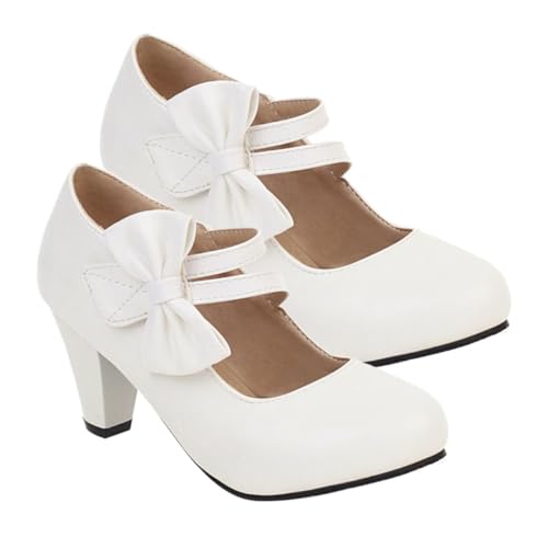 TEMPNAP Damen High Heels mit Schleifen Design Chunky Absatz Leichte Offene Vorderkappe Pumps für Frauen Mary Schuhe Geeignet für Partys und Festliche Anlässe Weiß von TEMPNAP