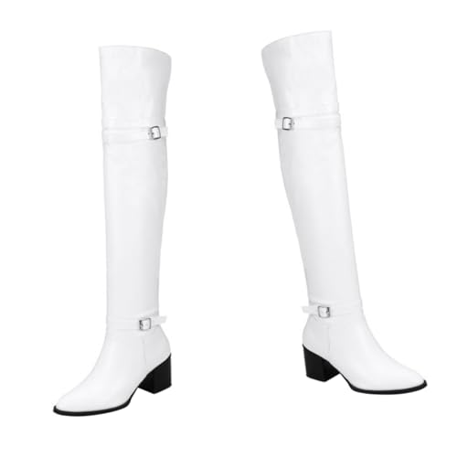 TEMPNAP Damen Overknee Stiefel Weiß Herbst Winter Warm Gefüttert Bequeme Langschaft Stiefel mit Robustem Absatz Rutschfeste Sohle Mode für Freizeit und Party von TEMPNAP