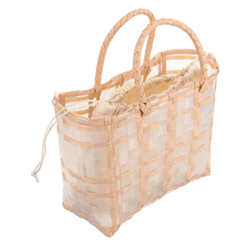 TEMPNAP Geflochtene Strandtasche für Damen Transparente Plastik Tote mit Innentasche für Urlaub Shopping und Strand Multifunktionale Handtasche im Landhausstil Kleine Beige von TEMPNAP