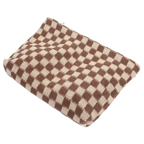 TEMPNAP Große Tragbare Kosmetiktasche Damen Kariertes Gestricktes Makeup Etui mit Reißverschluss Multifunktionale Kulturtasche für Reise Business und Alltag Leicht und Handlich von TEMPNAP