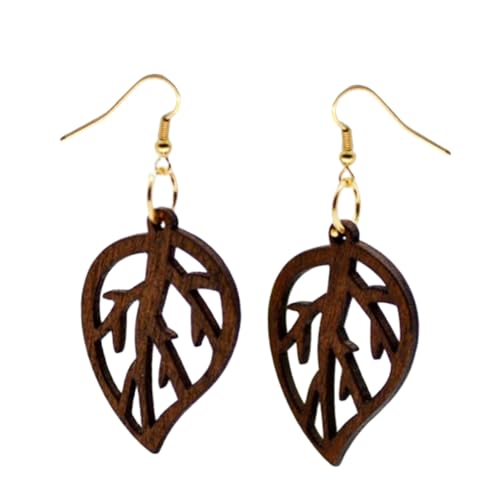 TEMPNAP Holz Ohrhänger mit Kreativem Hohlem Blattdesign Lange Leichte Ohrringe für Damen Mädchen Eleganter Schmuck für Alltag Party Arbeit Schule Braune Holz Leaf Earrings von TEMPNAP