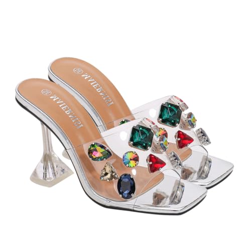 TEMPNAP Modische Damen High heeled Slippers mit Strassverzierung Stabilem Absatz und Modischem Verschluss Vielseitige Sommer Schuhe für Party Büro Hochzeit und Alltag Silberfarben von TEMPNAP