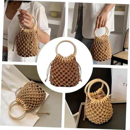 TEMPNAP Strandtasche Damen aus Stroh mit Rundem Holzgriff Große Kapazität Handtasche für Alltag Shopping Freizeit und Reisen Modisch und Leicht Kaffee farbton von TEMPNAP