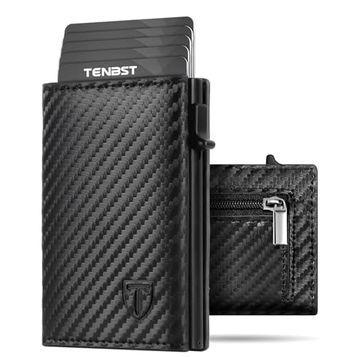 TENBST Geldbörse Herren - Kartenetui Ultra-Dünnes Portmonee Herren mit 10 Kartenfächern RFID Blockierende ID-Fenster Kartenetui Premium Carbonfaser Slim Wallet Geschenkbox (Carbon Schwarz) von TENBST