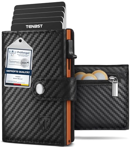 TENBST Geldbörse Herren mit Münzfach & RFID Schutz, Slim Wallet Kartenetui Klein, Portmonee Geldbeutel Herren, 10 Fächer für Kreditkarten Kreditkartenetui (Schwarz- orange) von TENBST
