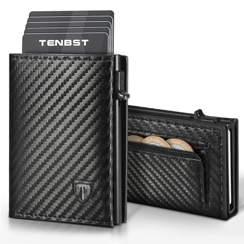 TENBST Geldbörse Herren | Slim Wallet mit Münzfach & RFID-Schutz | Portmonee Herren | Mini Kartenetui Kartenhalter | Brieftasche Geldbeutel und Geschenkbox | Carbon-Schwarz von TENBST