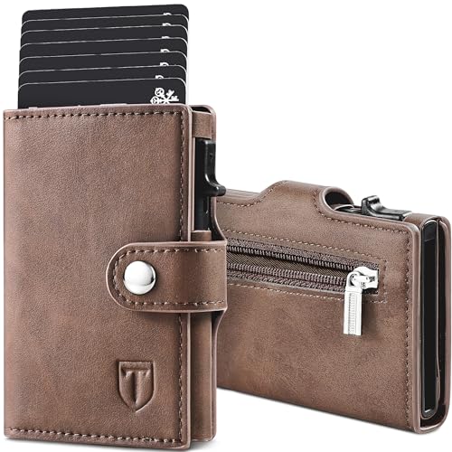 TENBST Slim Kreditkartenetui mit Münzfach, Geldbörse Herren RFID Schutz, Leder Portmonee Herren, Automatisches Pop-up-Wallet, Braun, Classic von TENBST