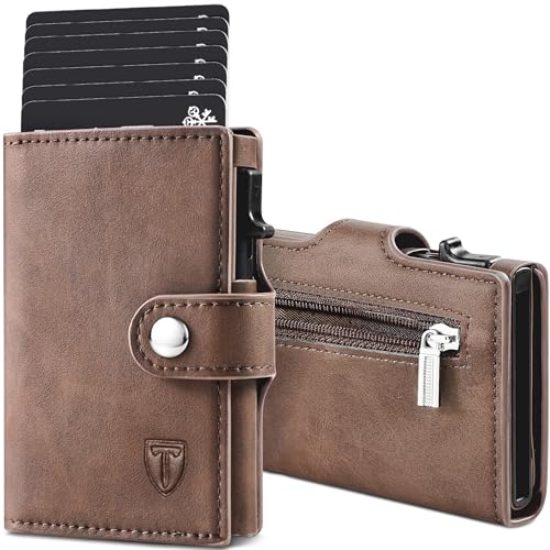 TENBST Slim Wallet mit Münzfach, Geldbörse Herren RFID Schutz, Kunstleder Portmonee Herren, Automatisches Pop-up-Kreditkartenetui, Braun, Classic von TENBST