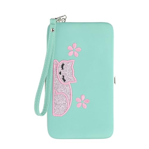 TENDYCOCO Geldbörse Für Damen Mit Katzen- Dreifach Gefaltet Viele Kartenfächer Eleganter Handytasche Für Frauen Modisches Multi-Purpose Portemonnaie Wassergrün von TENDYCOCO
