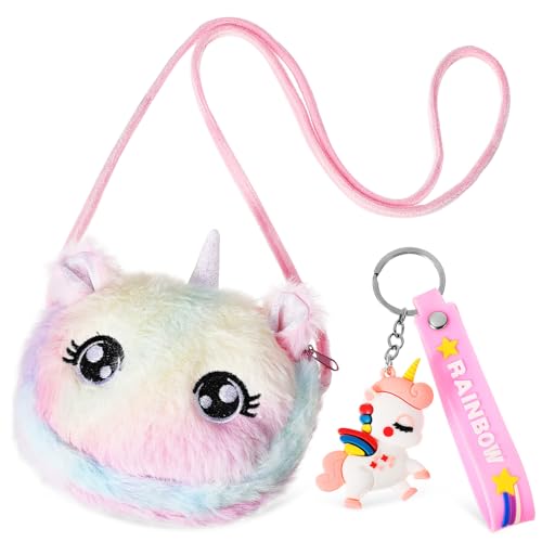 TENDYCOCO Pelzige Einhorn-Umhängetasche Mit Einhorn-Schlüsselanhänger Plüsch-Regenbogen-Handtasche Flauschige Einhorn-Tasche Umhängetasche Für Mädchen von TENDYCOCO