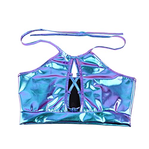 Rave Top Ausschnitt Halfter Top Metallic Crop Top Holographische Tank Top Frauen Rückenfrei von TENDYCOCO