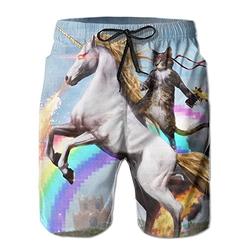 TENGBOKY Herren lustige Katze Reiten Einhorn mit Pistole Badehose Boardshort Strandshorts, Katze reitet Einhorn 1, Large von TENGBOKY