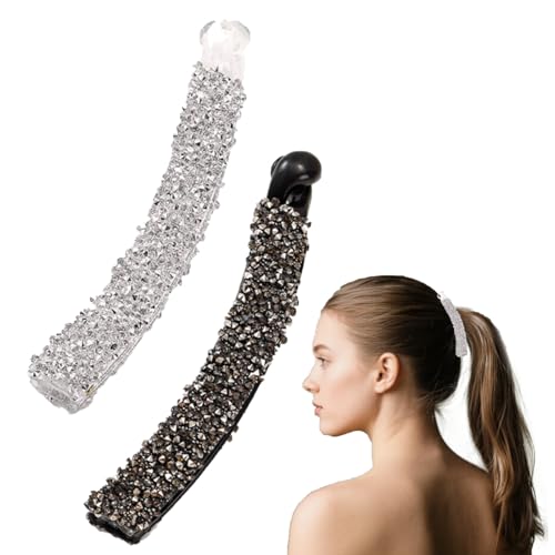 2 Stück Haarspangen Damen Strass,Französische Haarspange Silber,Bananenspange Glitzer,Haarspangen Damen Elegant Strass,Banana Clip,Geeignet für Frauen,Mädchen(Schwarz,Weiß) von TENGEE