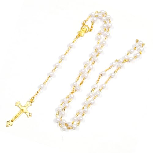 TENGEE 1 Stück Katholischer Rosenkranz,Geschenk zur Kommunion Rosenkranz,Kreuz Kette mit Perlen,Kreuz Kette,mit Runde Perlen,Geeignet für Gebet,Segen(Goldfarben) von TENGEE