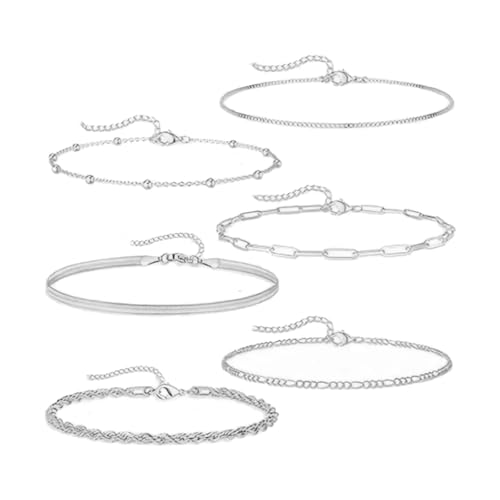 TENGEE 6 Stück Armband Damen Silber,Silber Armband Set,Silberschmuck,Stapelarmbänder,Verstellbare Armbänder,Langlebig Und Solide,Geeignet Für Die Dekoration Von Frauen von TENGEE