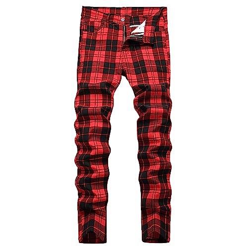 TENGINE Karierte Hose für Herren, Skinny Stretch, schmale Passform, Chinos, Golf, Business, Freizeithose, Rotes Karomuster, 58 von TENGINE