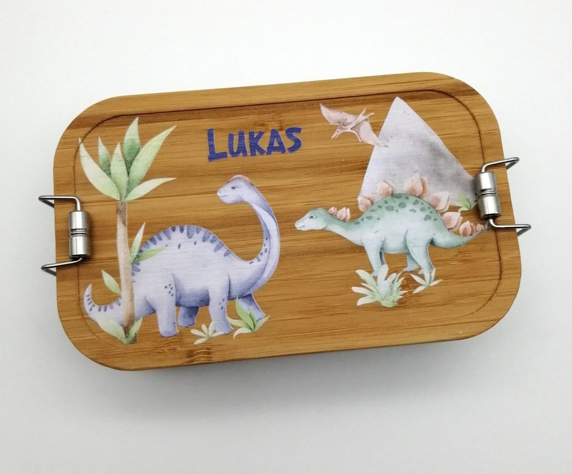 Brotdose Personalisiert Aus Edelstahl Mit Bambus Deckel "Dino 2", Trennsteg, Lunchbox Brotdose Personalisiert Aus Edelstahl Mit Bambus Deckel "Dino 2", Trennsteg, Lunchbox von TENII