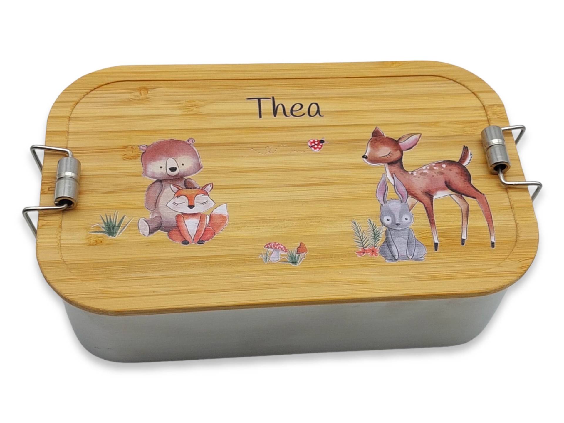 Brotdose Personalisiert Aus Edelstahl Mit Bambus Deckel "Waldtiere 3", Trennsteg, Lunchbox Brotdose Personalisiert Aus Edelstahl Mit Bambus Deckel "Waldtiere 3", Trennsteg, Lunchbox von TENII