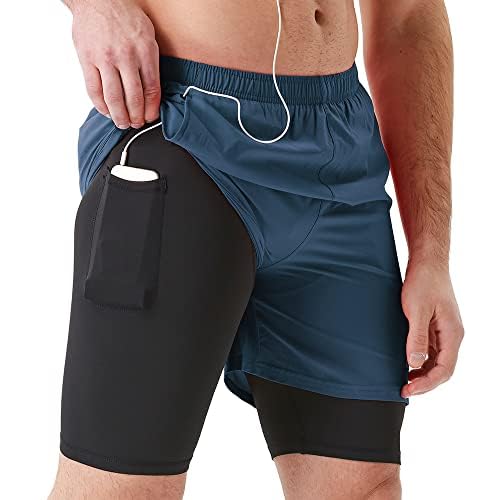 TENJOY Herren 2-in-1-Lauf-Shorts, 12,7 cm oder 17,8 cm, schnell trocknend, Fitnessstudio, athletisch, Workout-Shorts für Männer mit Handytaschen, Marineblau, Mittel von TENJOY