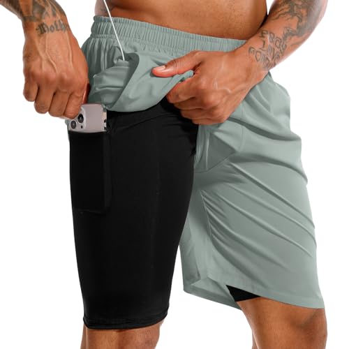 TENJOY Herren 2 in 1 Laufshorts 17,8 cm Schnell trocknende Fitness-Sport-Workout-Shorts mit Handytasche Arona Blau XXL von TENJOY