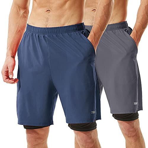 TENJOY Herren 2 in 1 Laufshorts 17,8 cm Schnell trocknende Fitness-Sport-Workout-Shorts mit Handytasche Dunkelblau + Grau L von TENJOY