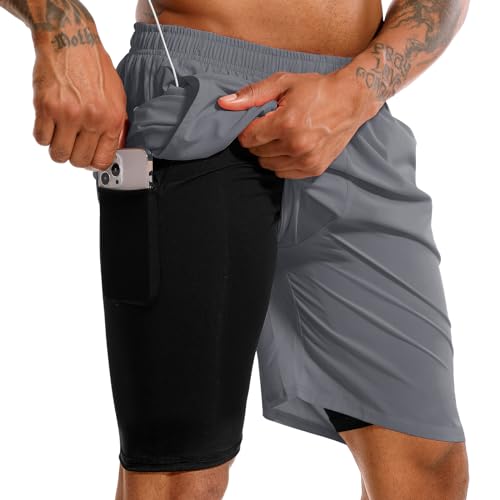 TENJOY Herren 2 in 1 Laufshorts 17,8 cm Schnell trocknende Fitness-Sport-Workout-Shorts mit Handytasche Dunkelgrau M von TENJOY