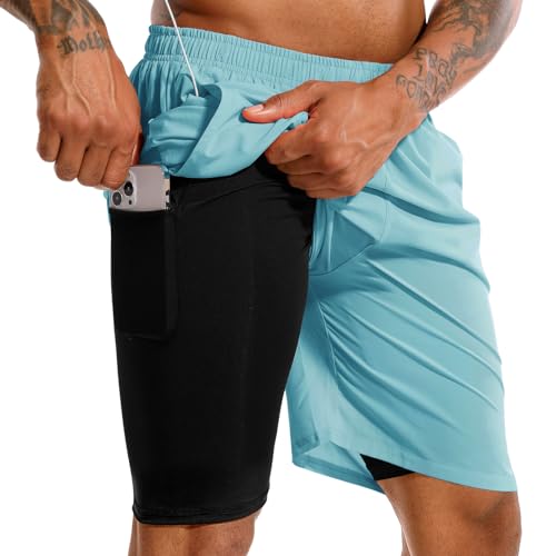 TENJOY Herren 2 in 1 Laufshorts 17,8 cm Schnell trocknende Fitness-Sport-Workout-Shorts mit Handytasche Hellblau L von TENJOY