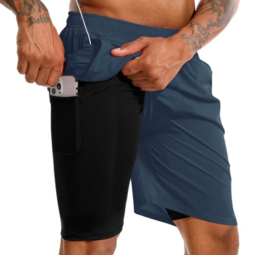 TENJOY Herren 2 in 1 Laufshorts 17,8 cm Schnell trocknende Fitness-Sport-Workout-Shorts mit Handytasche Marineblau L von TENJOY