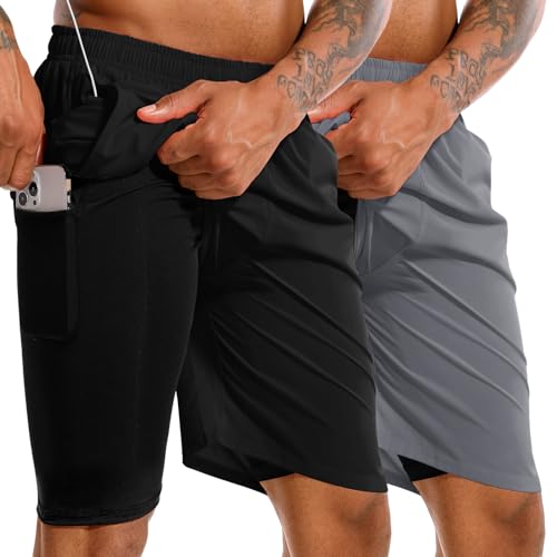 TENJOY Herren 2 in 1 Laufshorts 17,8 cm Schnell trocknende Fitness-Sport-Workout-Shorts mit Handytasche Schwarz + Grau M von TENJOY