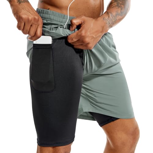 TENJOY Herren 2 in 1 Laufshorts 5 Zoll, schnell trocknende Gym Sport Workout Shorts mit Handytasche Arona Blau M von TENJOY