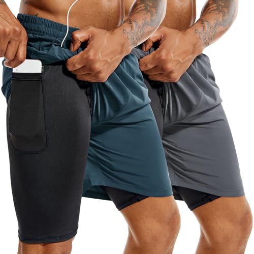 TENJOY Herren 2 in 1 Laufshorts 5 Zoll, schnell trocknende Gym Sport Workout Shorts mit Handytasche Dunkelblau + Grau M von TENJOY