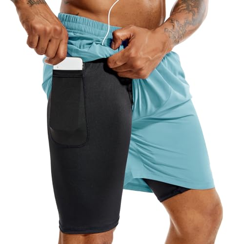 TENJOY Herren 2 in 1 Laufshorts 5 Zoll, schnell trocknende Gym Sport Workout Shorts mit Handytasche Hellblau XXL von TENJOY