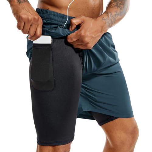 TENJOY Herren 2 in 1 Laufshorts 5 Zoll, schnell trocknende Gym Sport Workout Shorts mit Handytasche Marineblau XXL von TENJOY