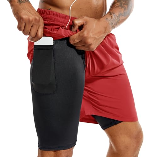 TENJOY Herren 2 in 1 Laufshorts 5 Zoll, schnell trocknende Gym Sport Workout Shorts mit Handytasche Rot L von TENJOY