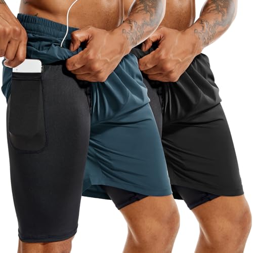 TENJOY Herren 2 in 1 Laufshorts 5 Zoll, schnell trocknende Gym Sport Workout Shorts mit Handytasche Schwarz + Dunkelblau M von TENJOY