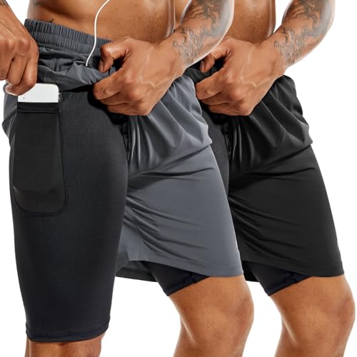 TENJOY Herren 2 in 1 Laufshorts 5 Zoll, schnell trocknende Gym Sport Workout Shorts mit Handytasche Schwarz + Grau XL von TENJOY