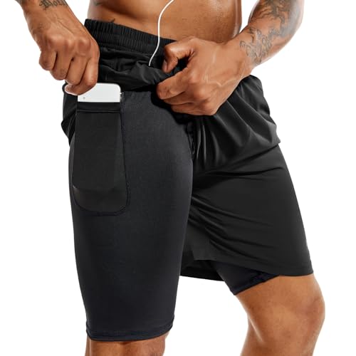 TENJOY Herren 2 in 1 Laufshorts 5 Zoll, schnell trocknende Gym Sport Workout Shorts mit Handytasche Schwarz M von TENJOY