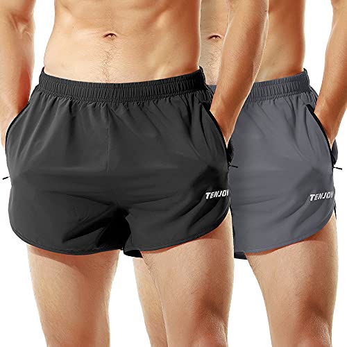 TENJOY Herren Laufshorts Gym Athletic Workout Shorts für Männer 7,6 cm Sportshorts mit Reißverschlusstasche - - Groß von TENJOY