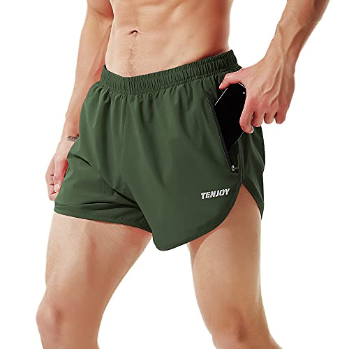 TENJOY Herren Laufshorts Gym Athletic Workout Shorts für Männer 7,6 cm Sportshorts mit Reißverschlusstasche Grün XXL von TENJOY