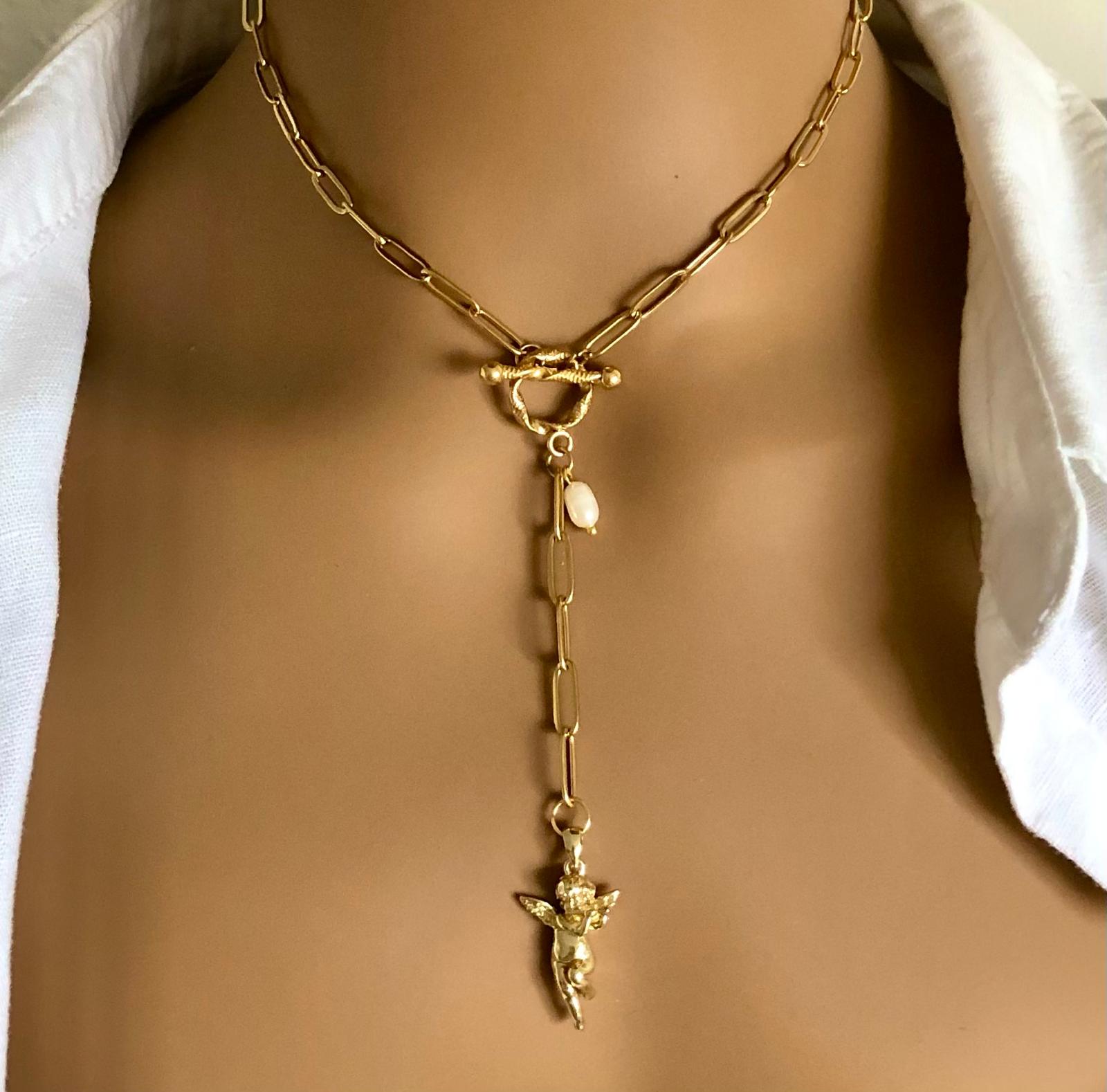 Büroklammer Kette Mit Goldenem Engel Der Flöte Spielt, Barockengel Im Vintage Style, Schutzengel von AmaraVeraJewellery