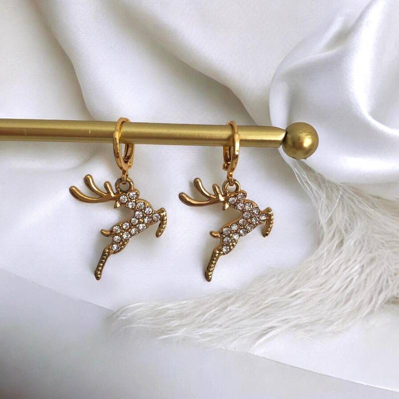 Neu Glitzernde 18K Gold Hirsche, Rentiere, An Mini-Creolen Huggies Hoop Ohrringen, Tenkiks von AmaraVeraJewellery