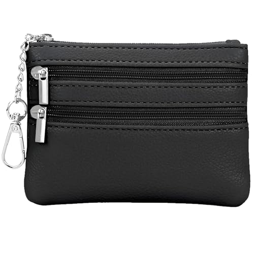 TENOC Kleine Geldbörse aus PU-Leder, Münzfach, Kartenhalter, Schlüsselanhänger, Geldbörse für Damen und Herren, mit Reißverschluss, Schwarz, Einfarbig von TENOC
