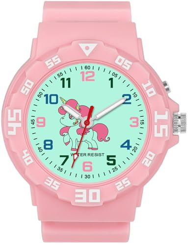 TENOCK Kinder Lernuhr Einhorn mit Nachtlicht für Mädchen 30M wasserdichte Armbanduhren für Kinder von 4-12 Jahren Geschenk für Geburtstage/Ostern/Kindertag/Weihnachten/Neujahr Rosa von TENOCK