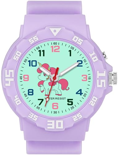 TENOCK Kinder Lernuhr Einhorn mit Nachtlicht für Mädchen 30M wasserdichte Armbanduhren für Kinder von 4-12 Jahren Geschenk für Geburtstage/Ostern/Kindertag/Weihnachten/Neujahr Lila von TENOCK