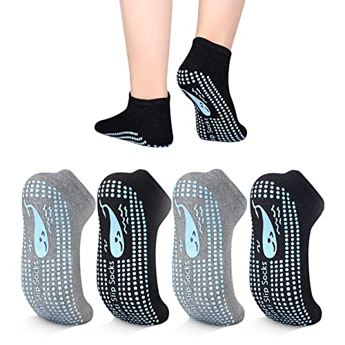 TENQUAN Yoga Socken, 4 Paar Stoppersocken für Damen und Herren, Rutschfeste Griffsocken für Yoga, Pilates, Krankenhaus, Barre oder Heimsport und Bewegung (4 Paar Schwarz Grau, Unisex 39-42) von TENQUAN