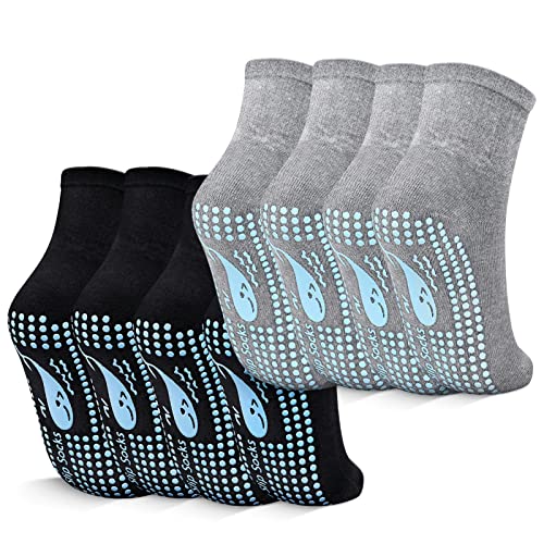 TENQUAN Yoga Socken, 4 Paar Stoppersocken für Damen und Herren, Rutschfeste Griffsocken für Yoga, Pilates, Krankenhaus, Barre oder Heimsport und Bewegung (4 Paar Schwarz Grau, Unisex 43-46) von TENQUAN