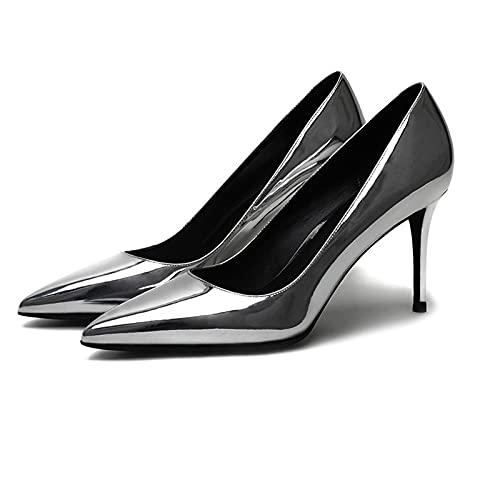 Sexy Spitze High Heels Für Damen - 3,14 Zoll / 8 cm Lack-High Heels, Hochzeitsschuhe, Schöne Abend-Stilettos,Silber,39 EU von TENT